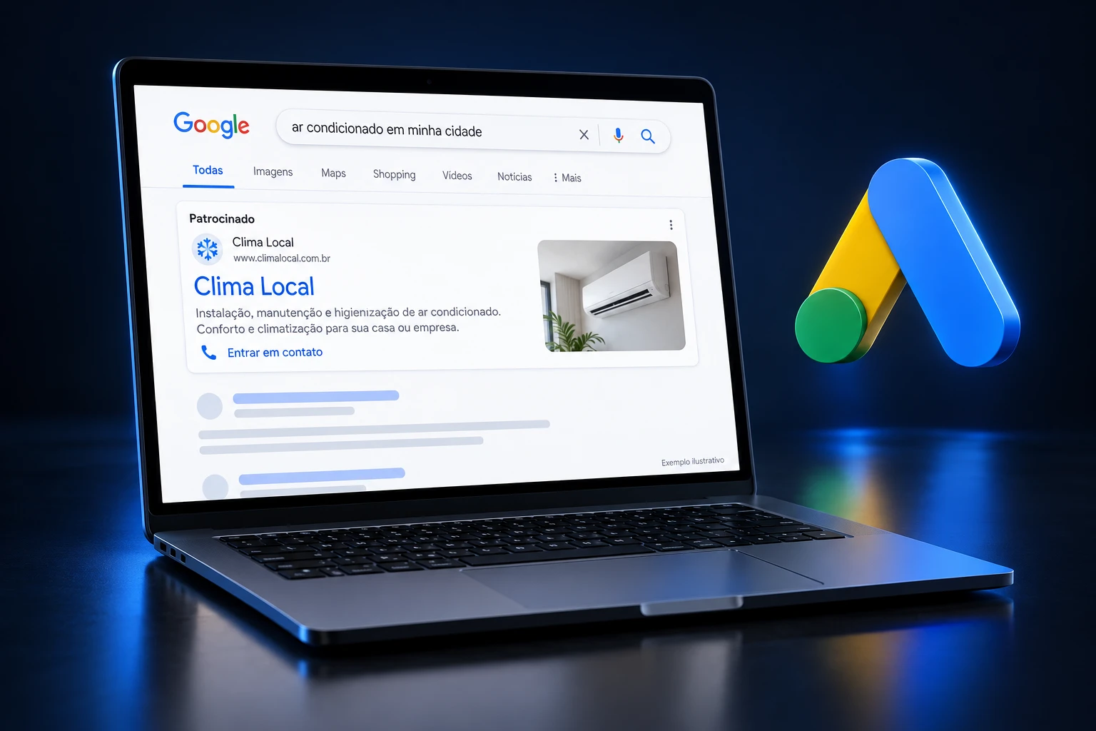 Computador com anúncio de pesquisa ilustrativo marcado como patrocinado e símbolo do Google Ads em 3D