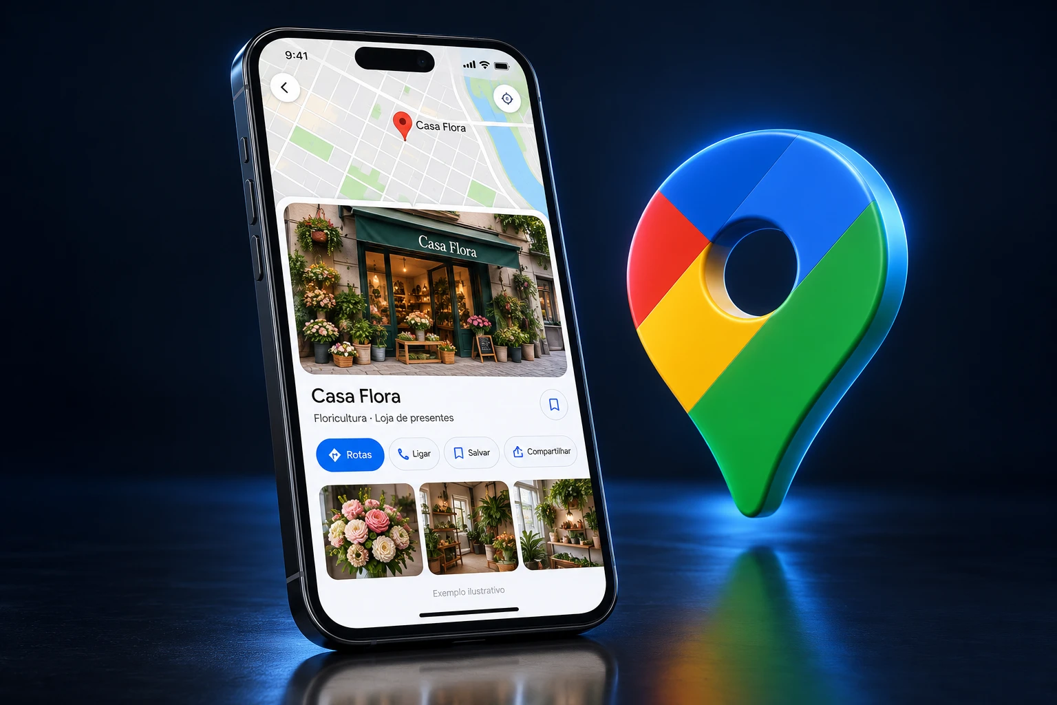 Celular com perfil ilustrativo de uma empresa no Google Maps e marcador de localização em 3D