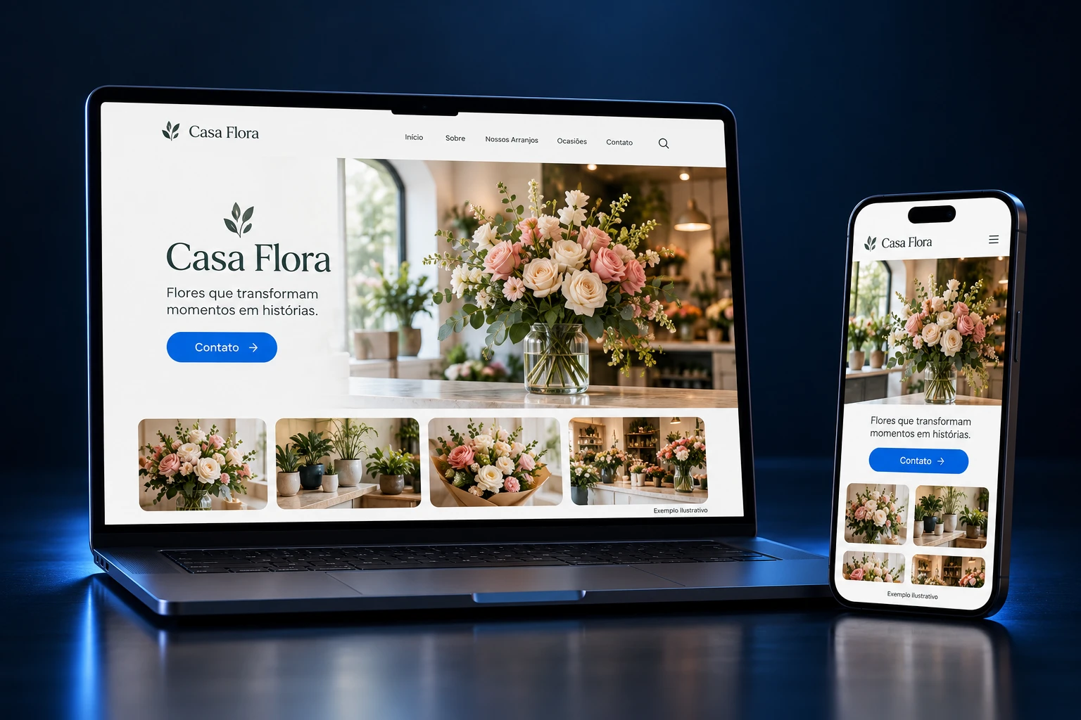 Computador e celular exibindo uma página comercial com identidade azul